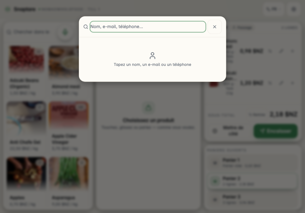 Modale de recherche client ouverte, champ de saisie actif
